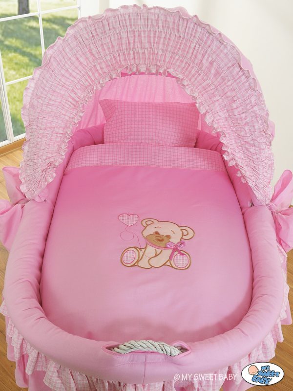 Moses Basket/Wicker crib with hood- Bear with bow pink - Image 2