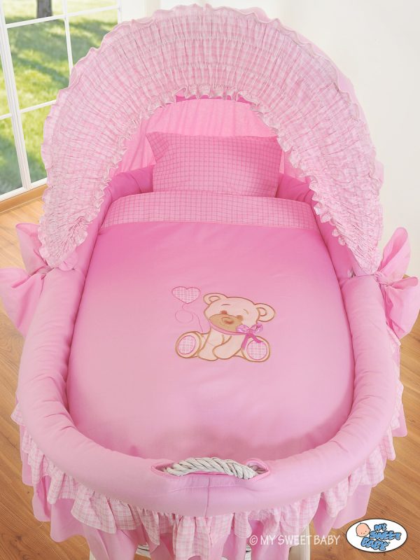 Moses Basket/Wicker crib with hood- Bear with bow pink - Image 3