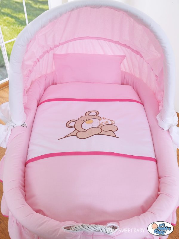 Moses Basket/Wicker crib with hood- Teddy Bear Barnaba pink - Image 2