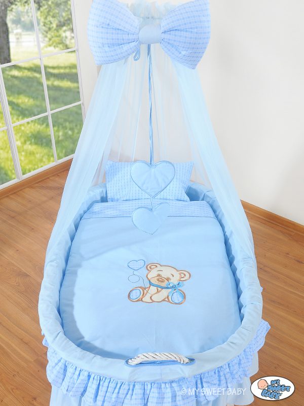 Moses Basket/Wicker drape crib- Bear with bow blue - Image 2
