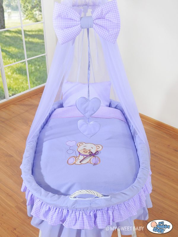 Moses Basket/Wicker drape crib- Bear with bow  lilac - Image 2
