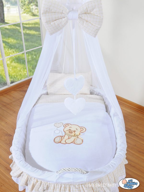 Moses Basket/Wicker drape crib- Bear with bow white - Image 2