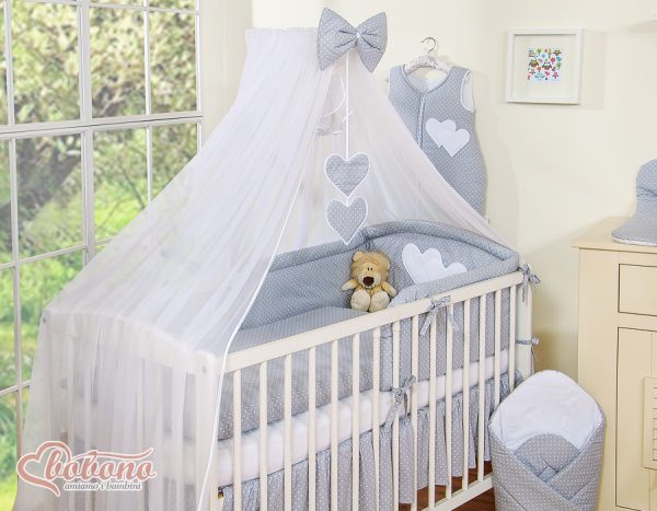 Mosquito-net made of chiffon- Hanging Hearts white polka dots on gray - Image 3