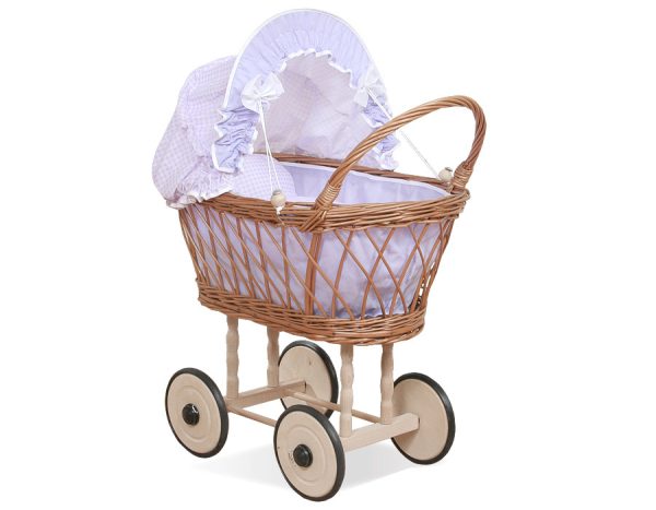 Wicker dolls' pram with lilac bedding and padding - natural