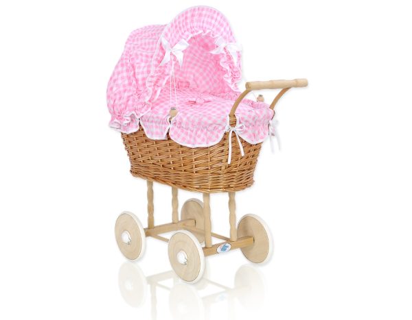 Wicker dolls' pram with pink bedding and padding - natural
