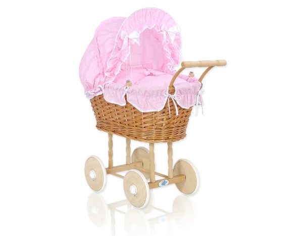 Wicker dolls' pram with pink bedding and padding - natural