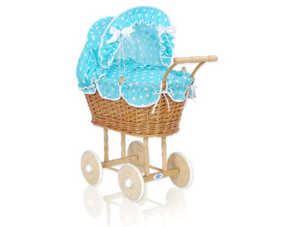 Wicker dolls' pram with turquoise bedding and padding - natural