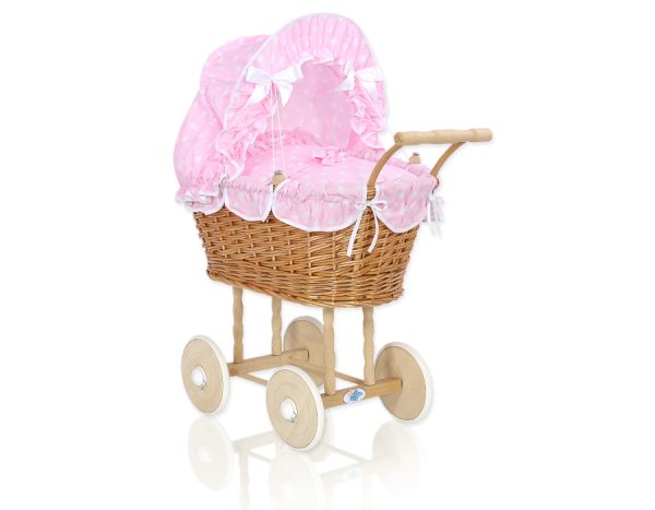 Wicker dolls' pram with pink bedding and padding - natural