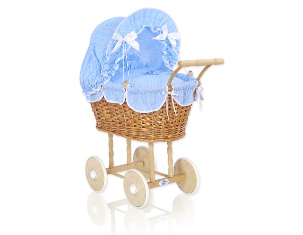 Wicker dolls' pram with blue bedding and padding - natural