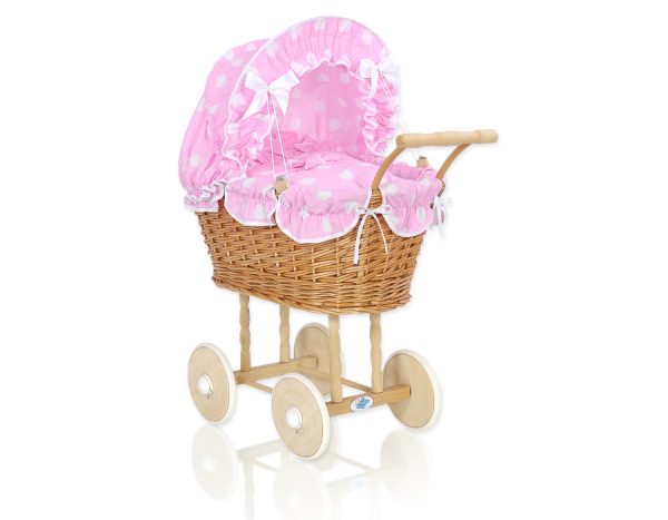Wicker dolls' pram with pink bedding and padding - natural