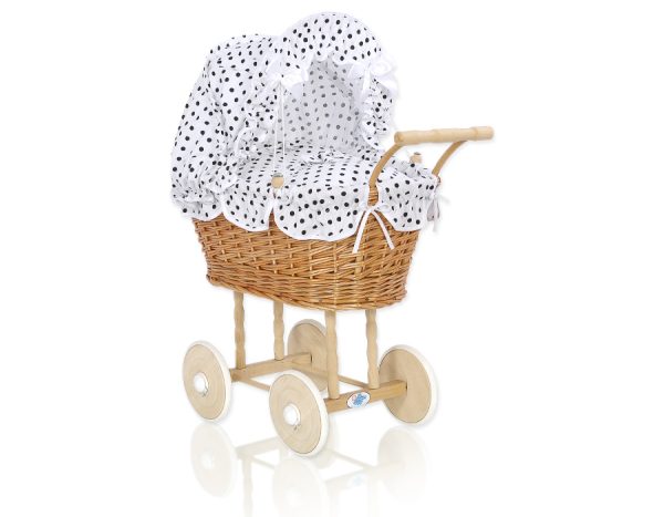 Wicker dolls' pram with white-black bedding and padding - natural