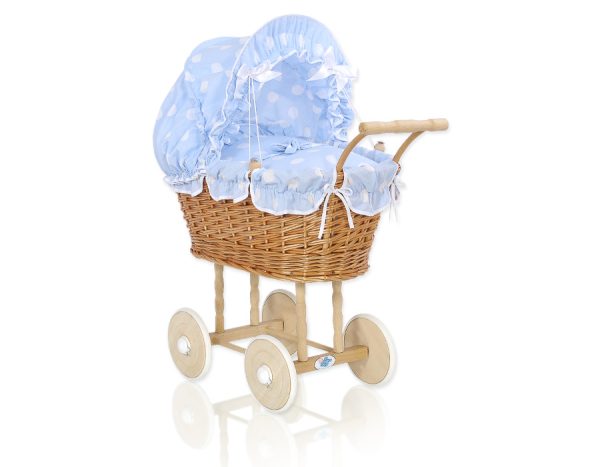 Wicker dolls' pram with blue bedding and padding - natural