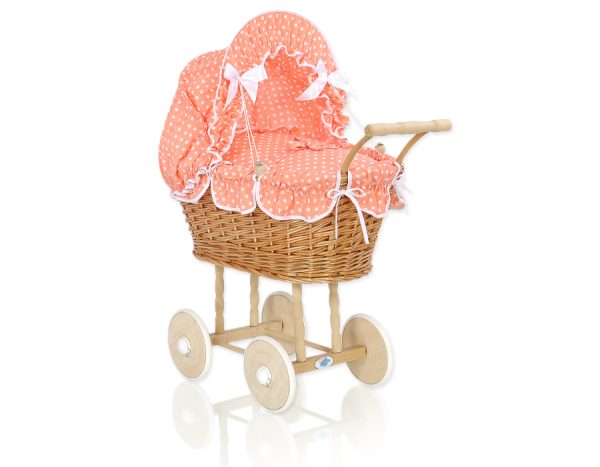 Wicker dolls' pram with peach bedding and padding - natural