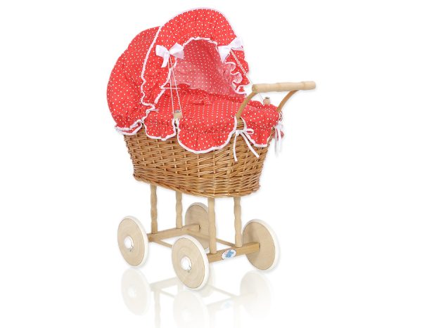 Wicker dolls' pram with red bedding and padding - natural