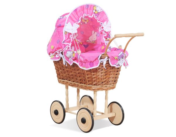 Wicker dolls' pram with pink bedding and padding - natural