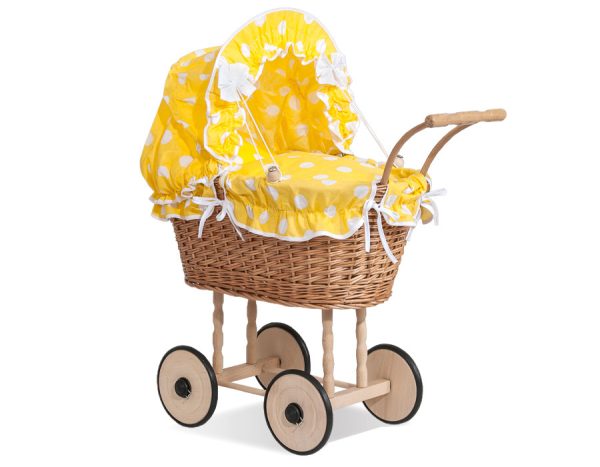 Wicker dolls' pram with yellow bedding and padding - natural