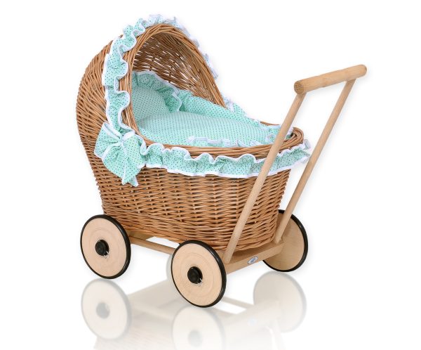 Wicker doll pushchair with mint bedding and soft padding - natural