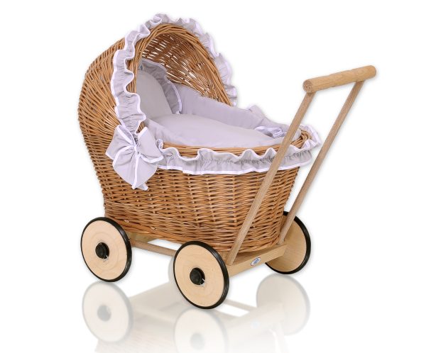 Wicker doll pushchair with grey bedding and soft padding - natural