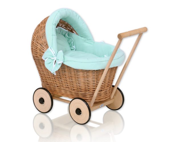 Wicker doll pushchair with mint bedding and soft padding - natural