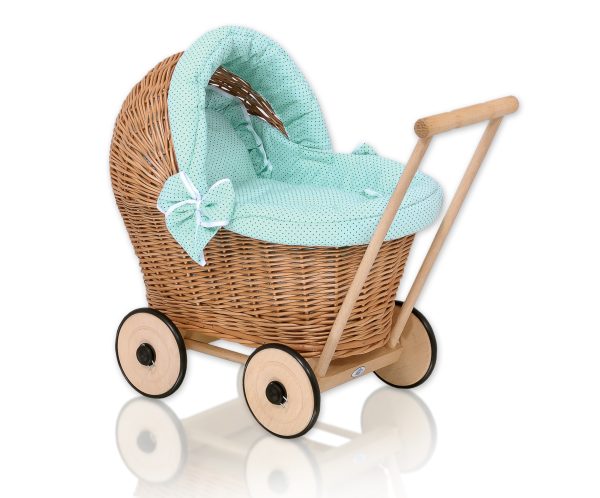 Wicker doll pushchair with mint bedding and soft padding - natural