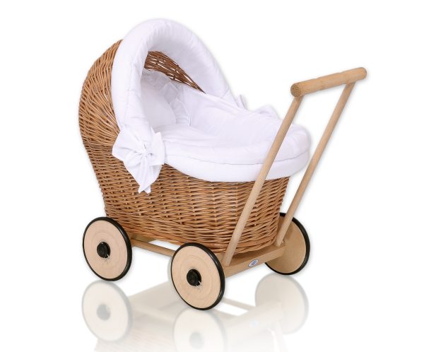 Wicker doll pushchair with white bedding and soft padding - natural
