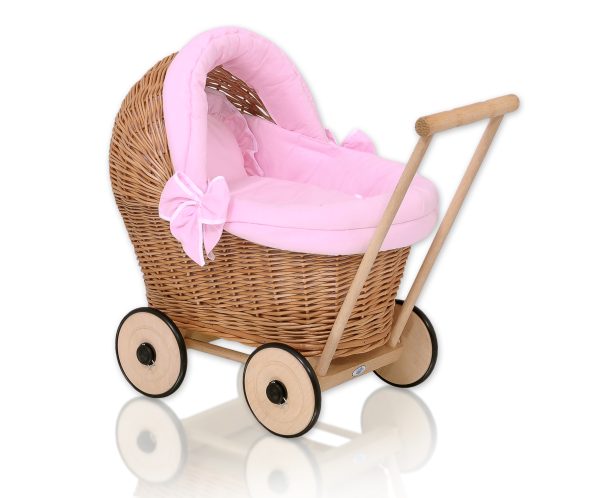 Wicker doll pushchair with pink bedding and soft padding - natural