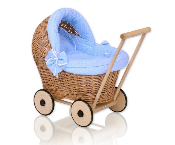 Wicker doll pushchair with blue bedding and soft padding - natural