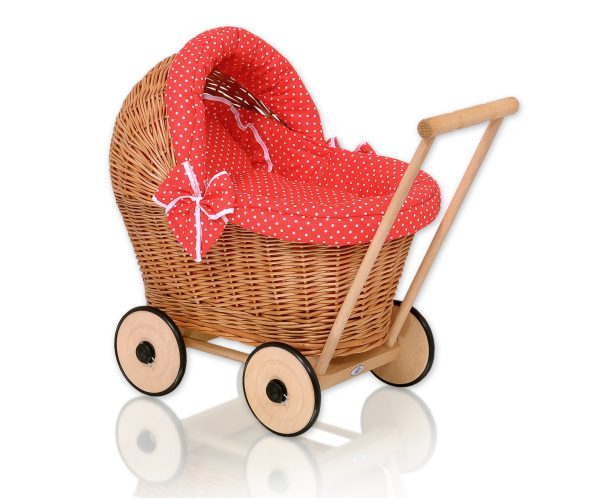 Wicker doll pushchair with red bedding and soft padding - natural