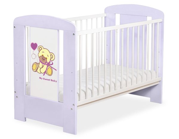 Wooden baby cot 120x60cm teddy bear with a bow lila