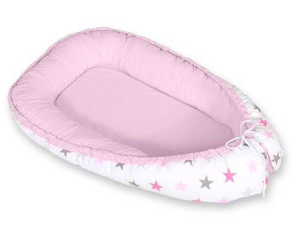 Baby nest double-sided Premium Cocoon for infants BOBONO- gray-pink stars/ gray - Image 2