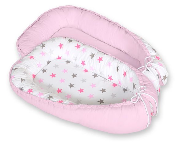 Baby nest double-sided Premium Cocoon for infants BOBONO- gray-pink stars/ gray - Image 3
