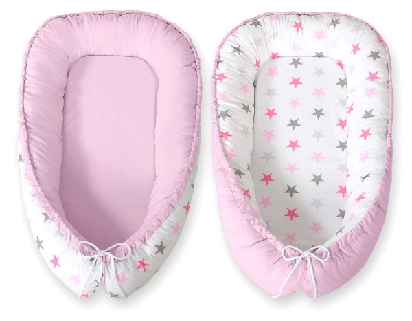 Baby nest double-sided Premium Cocoon for infants BOBONO- gray-pink stars/ gray - Image 4