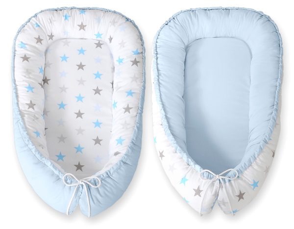Baby nest double-sided Premium Cocoon for infants BOBONO- gray-blue stars/ blue - Image 2