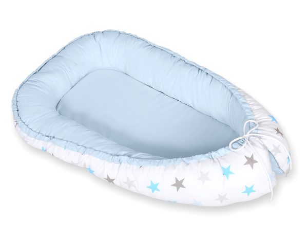 Baby nest double-sided Premium Cocoon for infants BOBONO- gray-blue stars/ blue - Image 4