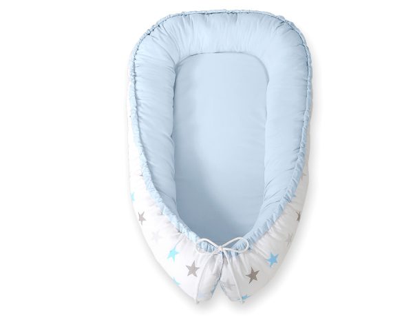 Baby nest double-sided Premium Cocoon for infants BOBONO- gray-blue stars/ blue - Image 5