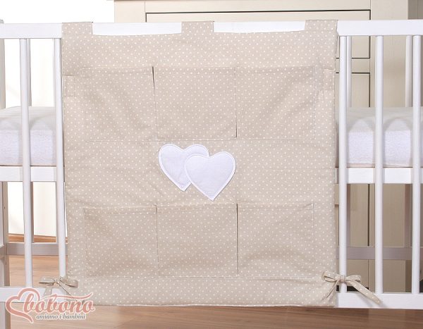 Cot tidy- Hanging Hearts white polka dots on beige - Image 2