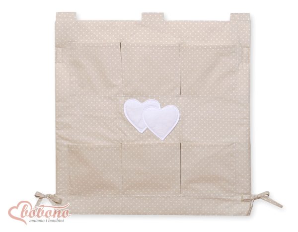 Cot tidy- Hanging Hearts white polka dots on beige