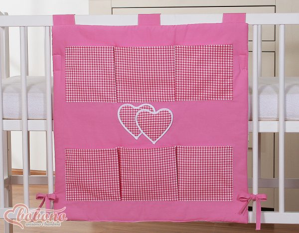 Cot tidy- Hanging Hearts dark pink checkered - Image 2