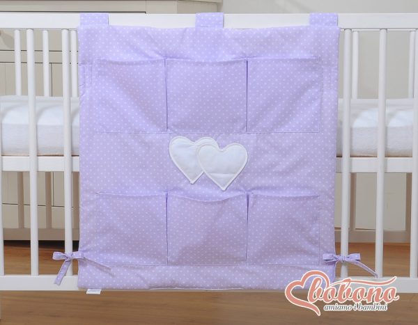 Cot tidy- Hanging Hearts white polka dots on lilac - Image 2