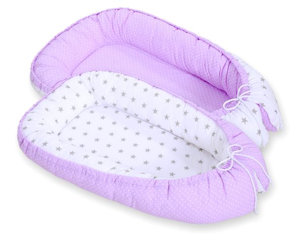 Baby nest double-sided Premium Cocoon for infants BOBONO- white polka dotd on lilac/ grey stars - Image 3