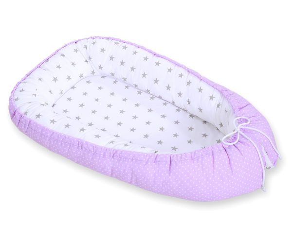 Baby nest double-sided Premium Cocoon for infants BOBONO- white polka dotd on lilac/ grey stars - Image 4