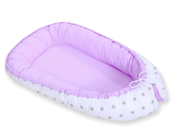 Baby nest double-sided Premium Cocoon for infants BOBONO- white polka dotd on lilac/ grey stars - Image 5