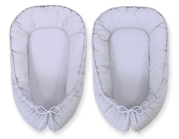 Baby nest double-sided Premium Cocoon for infants BOBONO- white polka dots on grey/grey - Image 2