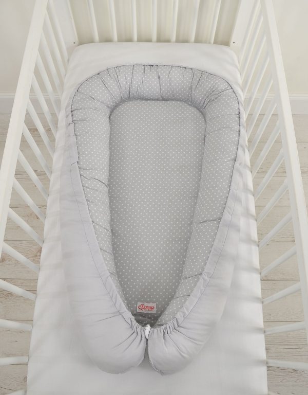 Baby nest double-sided Premium Cocoon for infants BOBONO- white polka dots on grey/grey - Image 3
