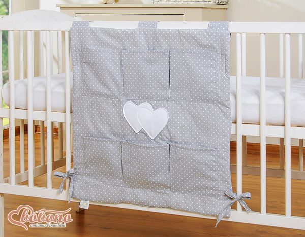 Cot tidy- Hanging Hearts white polka dots on grey - Image 2