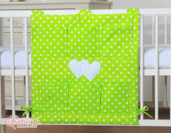 Cot tidy- Hanging Hearts white dots on green - Image 2