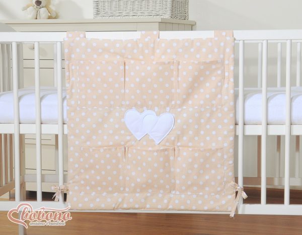 Cot tidy- Hanging Hearts white dots on beige - Image 2