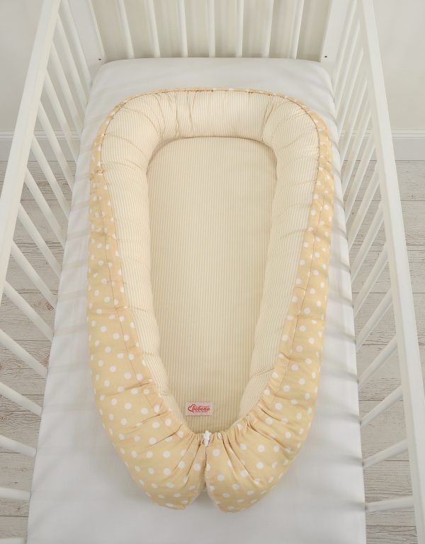 Baby nest double-sided Premium Cocoon for infants BOBONO- white dots on beige/ beige strips - Image 5