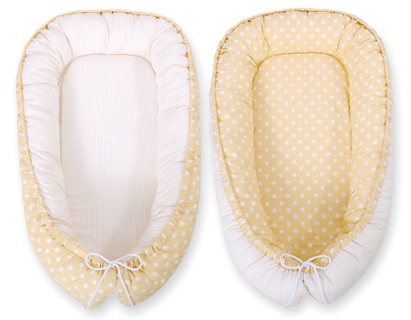Baby nest double-sided Premium Cocoon for infants BOBONO- white dots on beige/ beige strips - Image 2