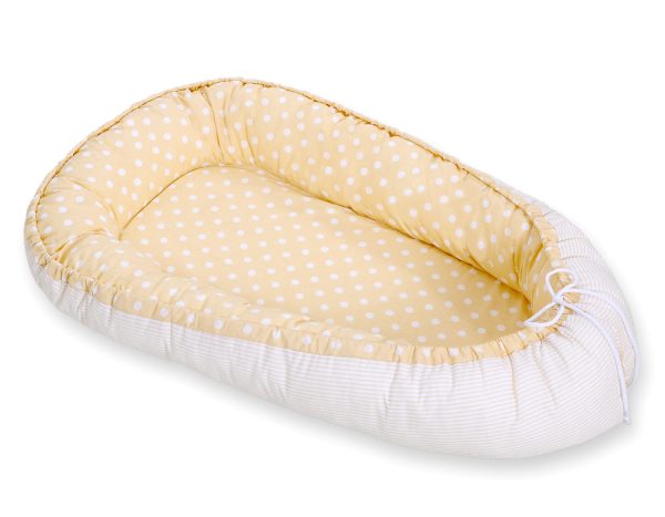 Baby nest double-sided Premium Cocoon for infants BOBONO- white dots on beige/ beige strips - Image 3